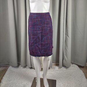 Bandolino Tweed, Plum, Blue, Lined, Back Zip, Fringed Hem, Pencil Skirt Size 16W